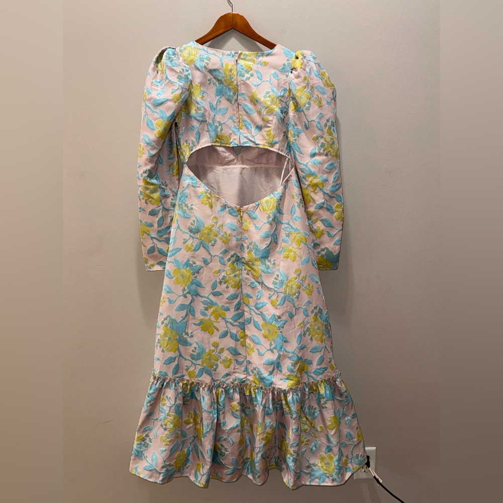 Asos NEW Floral Jacquard Puff sleeve Plunge neck Pleated High waist Midi Dress 8 - Picture 11 of 14